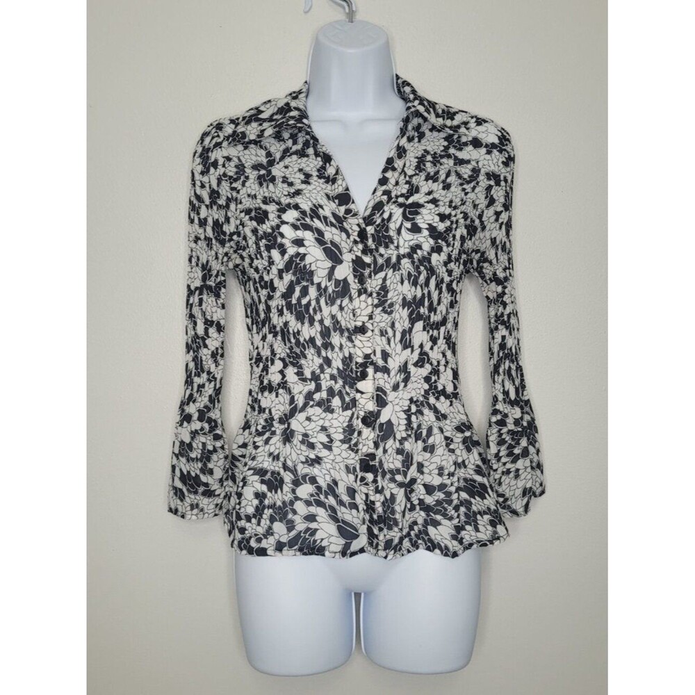 Vintage Sunny Leigh black white abstract flower print button front top small